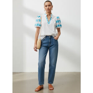 Entro NWT Off White Blue Embroidered Bubble Sleeve Blouse L